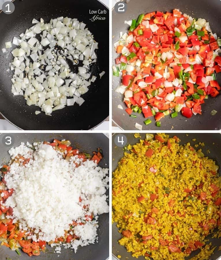 collage showing step by step on how to make curry rice