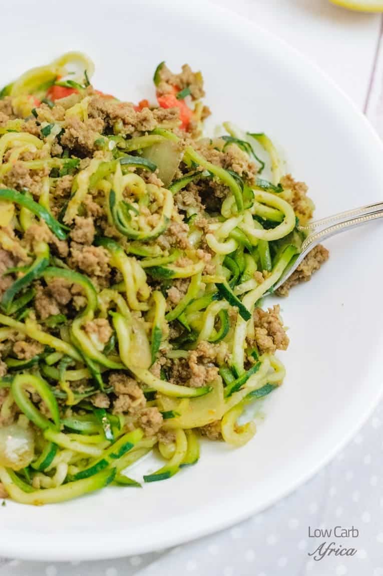 Zucchini and Ground Beef Stir Fry made with homemade zucchini noodles.