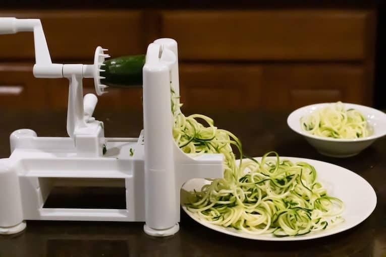how to spiralize zucchini to make zucchini noodles for ground beef stir fry.