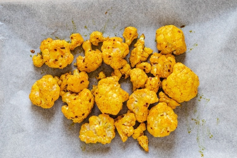 Roasted Turmeric Cauliflower ready to go in the oven