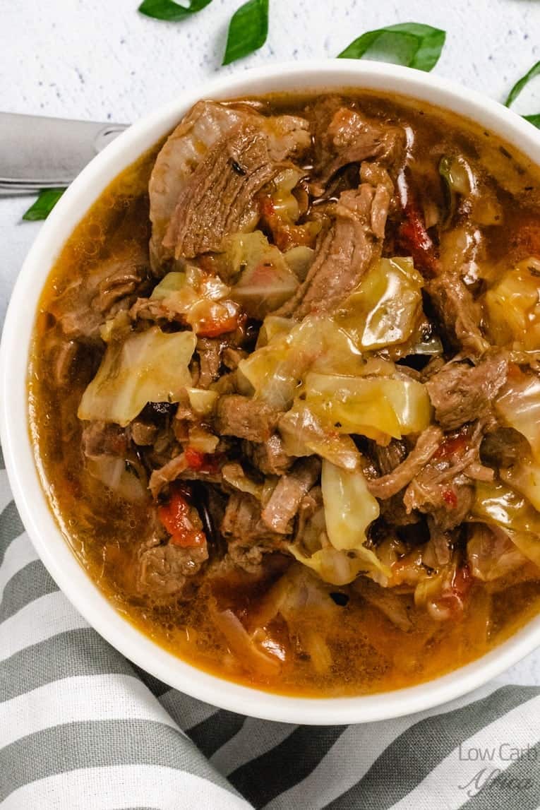 flat lay of Vegetable Beef Soup with Cabbage