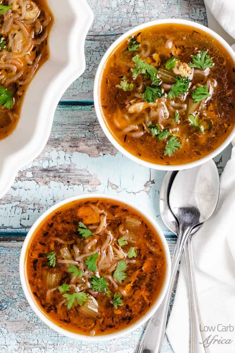 two small bowls of Shirataki Chicken Noodle Soup