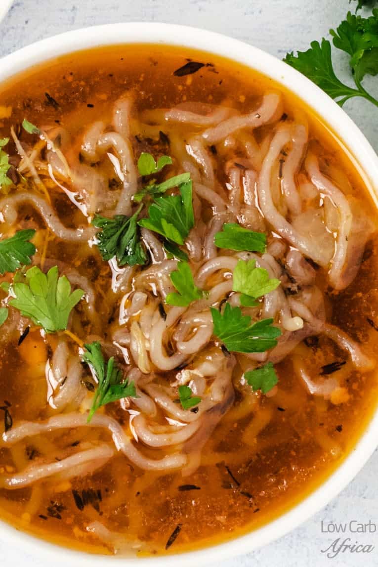 Shirataki chicken noodle soup closeup image 
