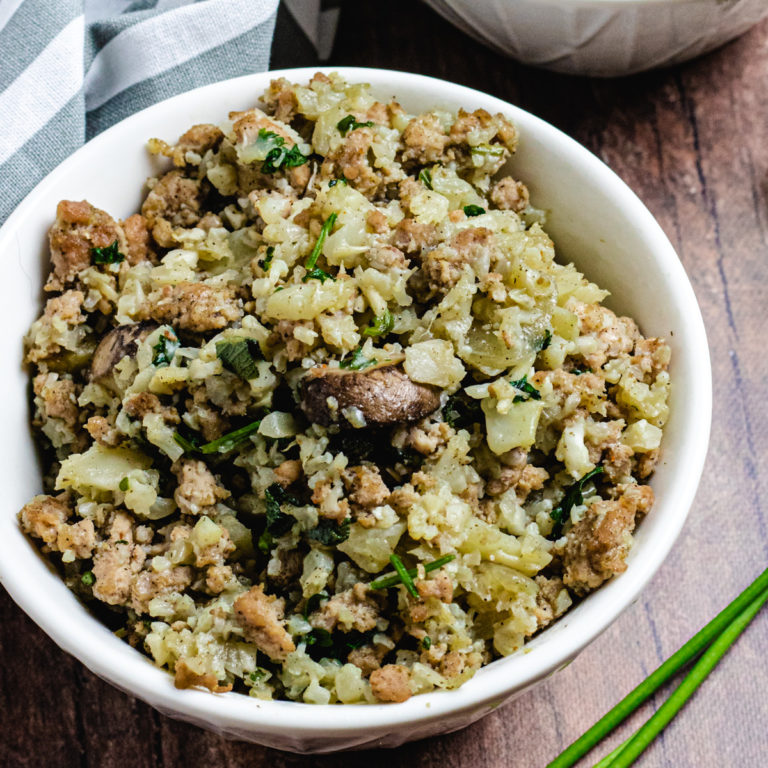 Cauliflower Rice And Sausage Stuffing ready to serve