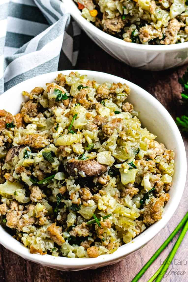 Cauliflower Rice And Sausage Stuffing served and ready to eat at thanksgiving holiday