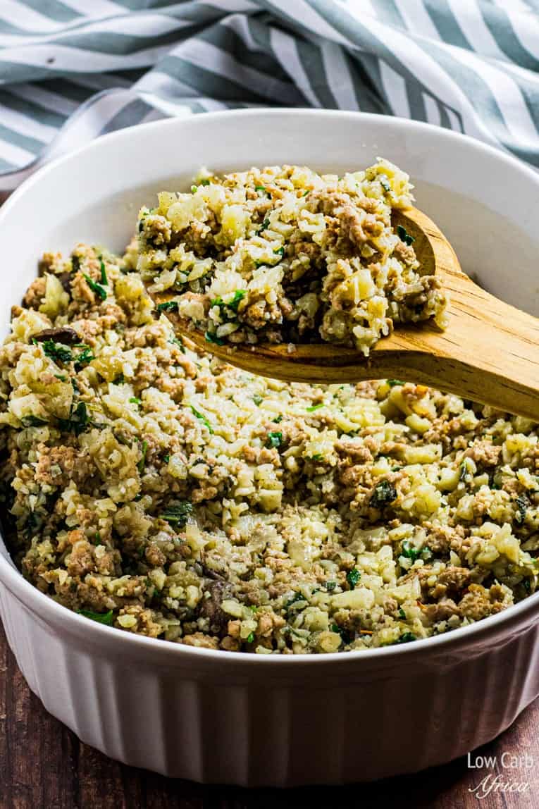 Cauliflower Rice And Sausage Stuffing side dish for holiday christmas or thanksgiving