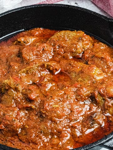 Nigerian beef stew in a pot