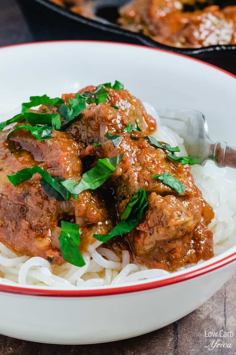 nigerian beef stew served over shirataki noodles