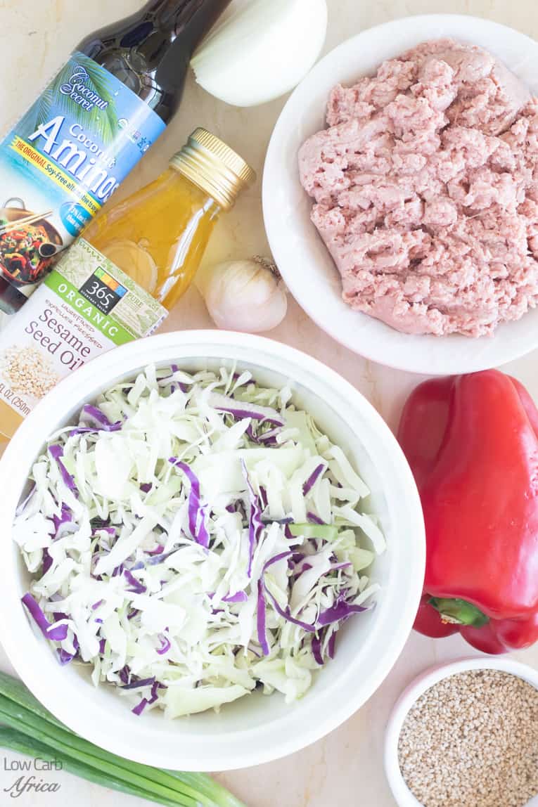 ingredients used in making keto egg roll in a bowl.