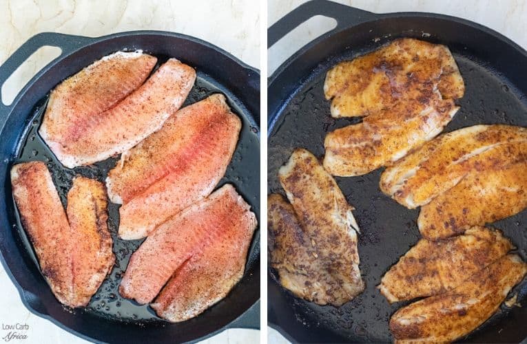tilapia being seared in a cast iron pan