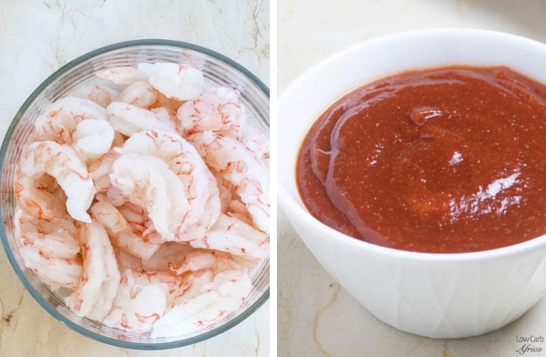 Collage of shrimp and barbecue sauce.