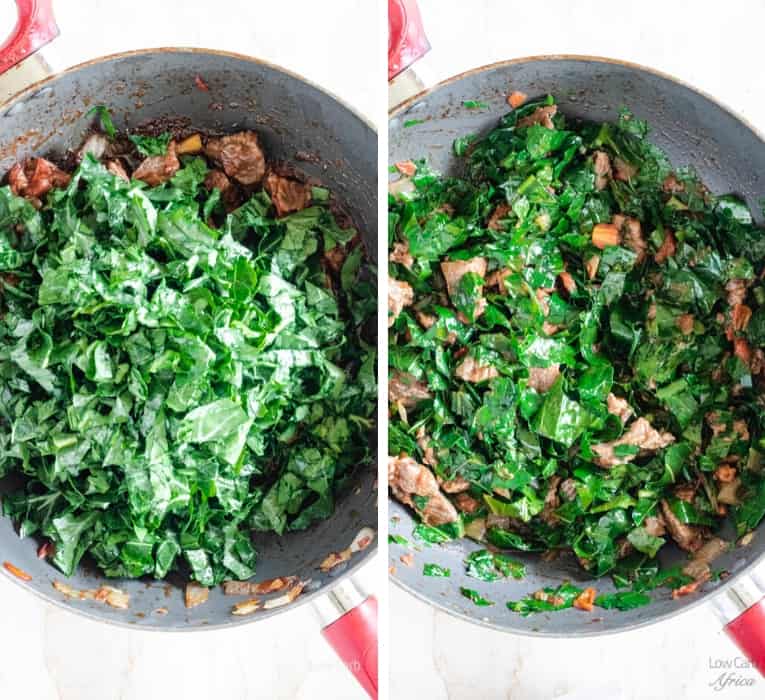 add collard greens to tomatoes and beef