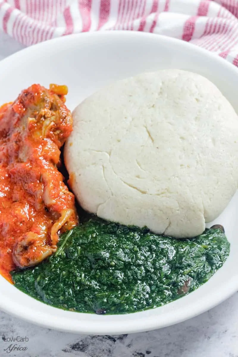 plate of keto fufu, stew and ewedu soup