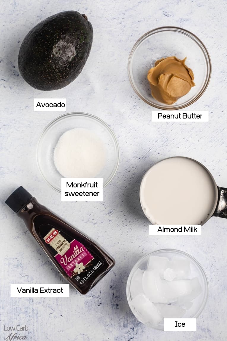 picture of avocado, peanut butter, almond milk.