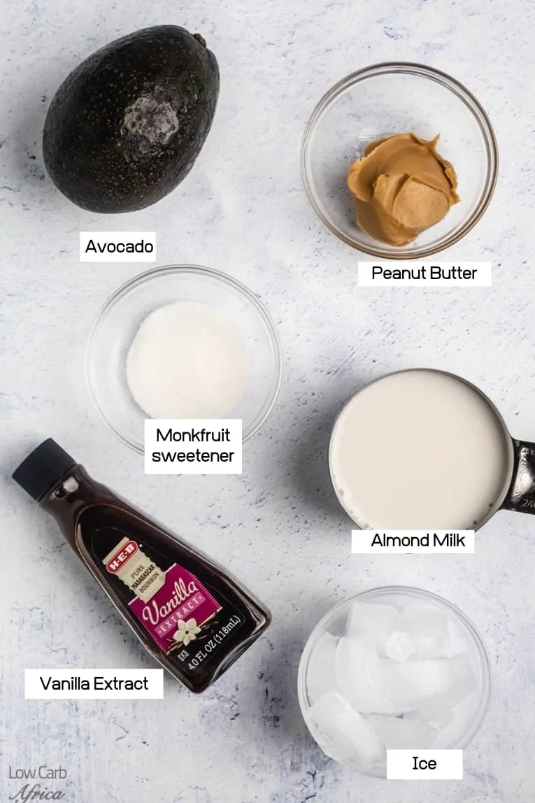 picture of avocado, peanut butter, almond milk.