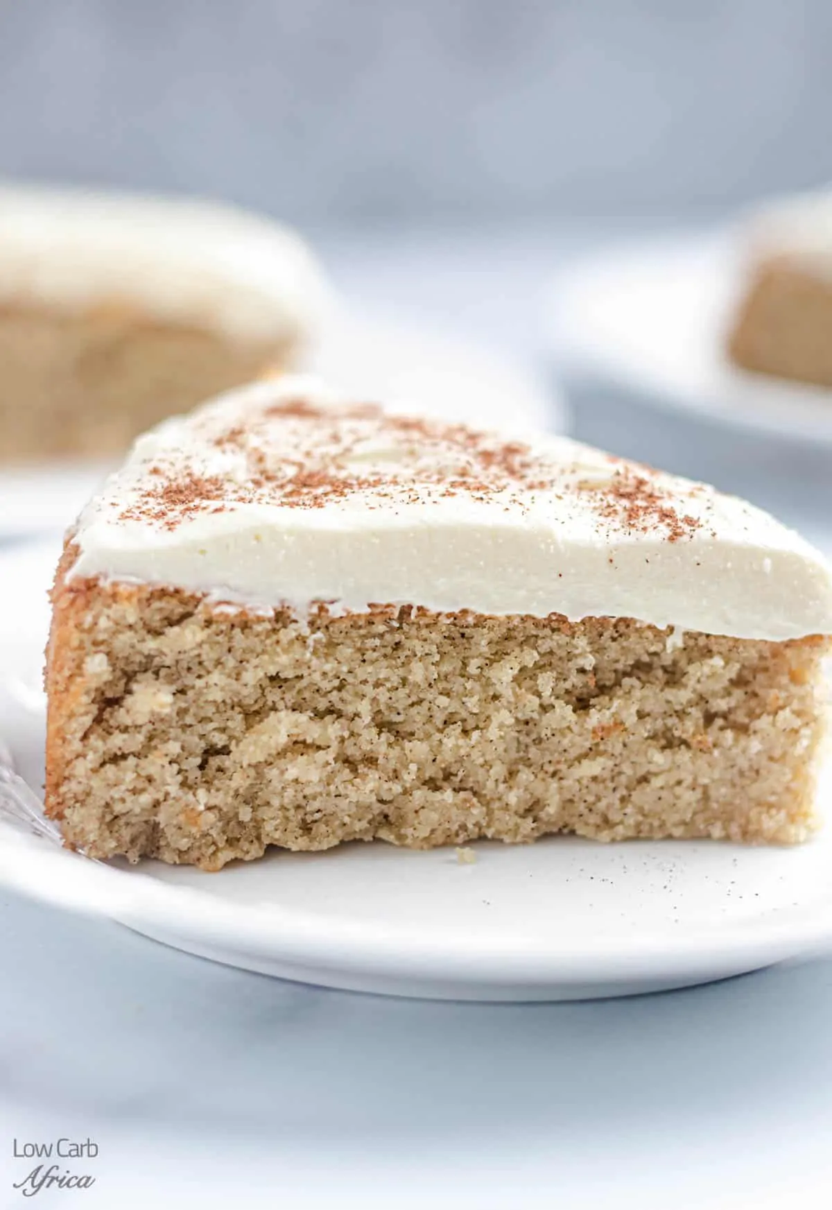 low carb almond cake on a white plate.