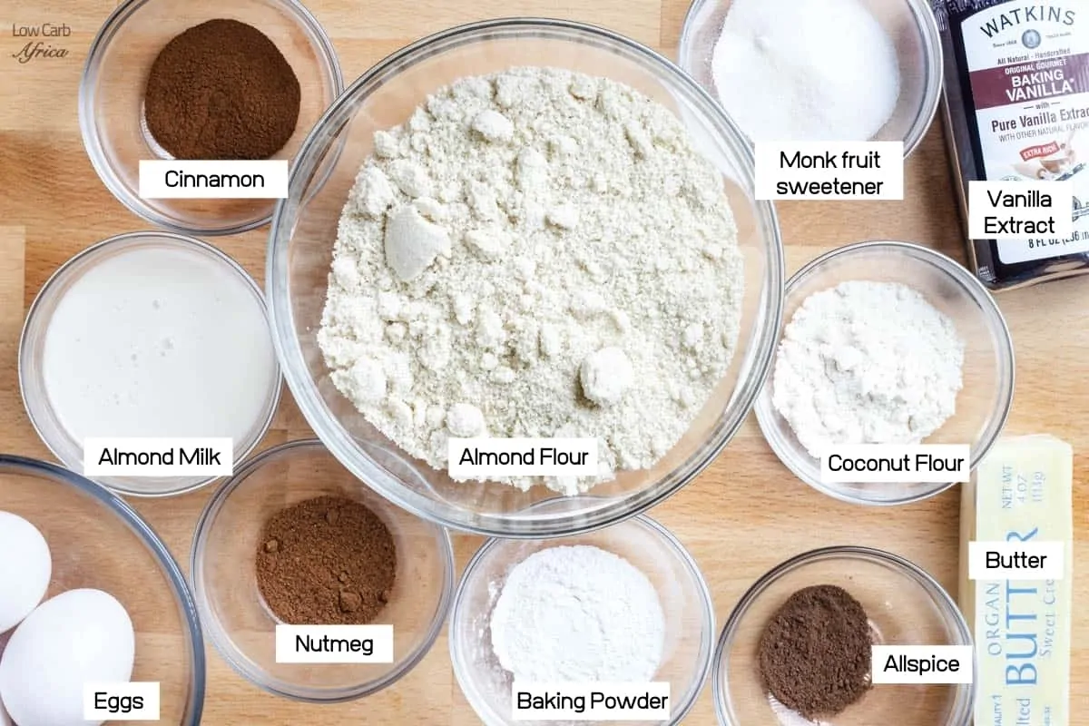 picture of almond flour, coconut flour, cinnamon, nutmeg and allspice.