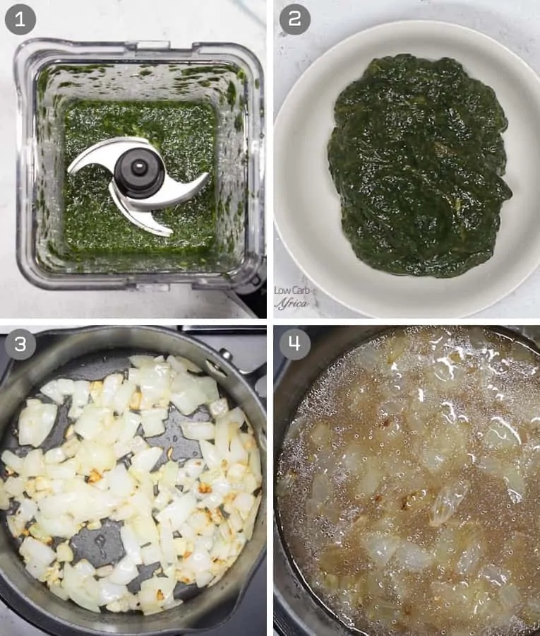 blending jute leaves, then frying onions in a pan