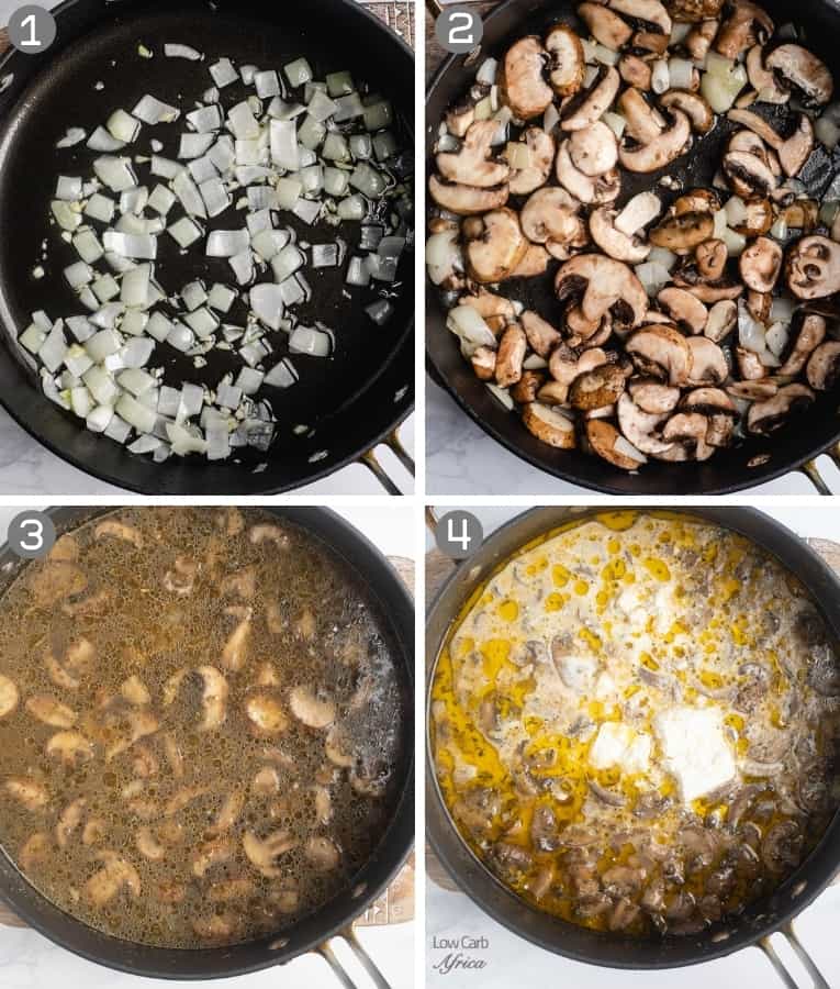 4 collages showing how to make mushroom soup