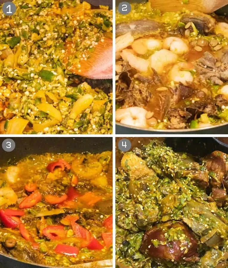 collage showing steps in preparing okro soup.