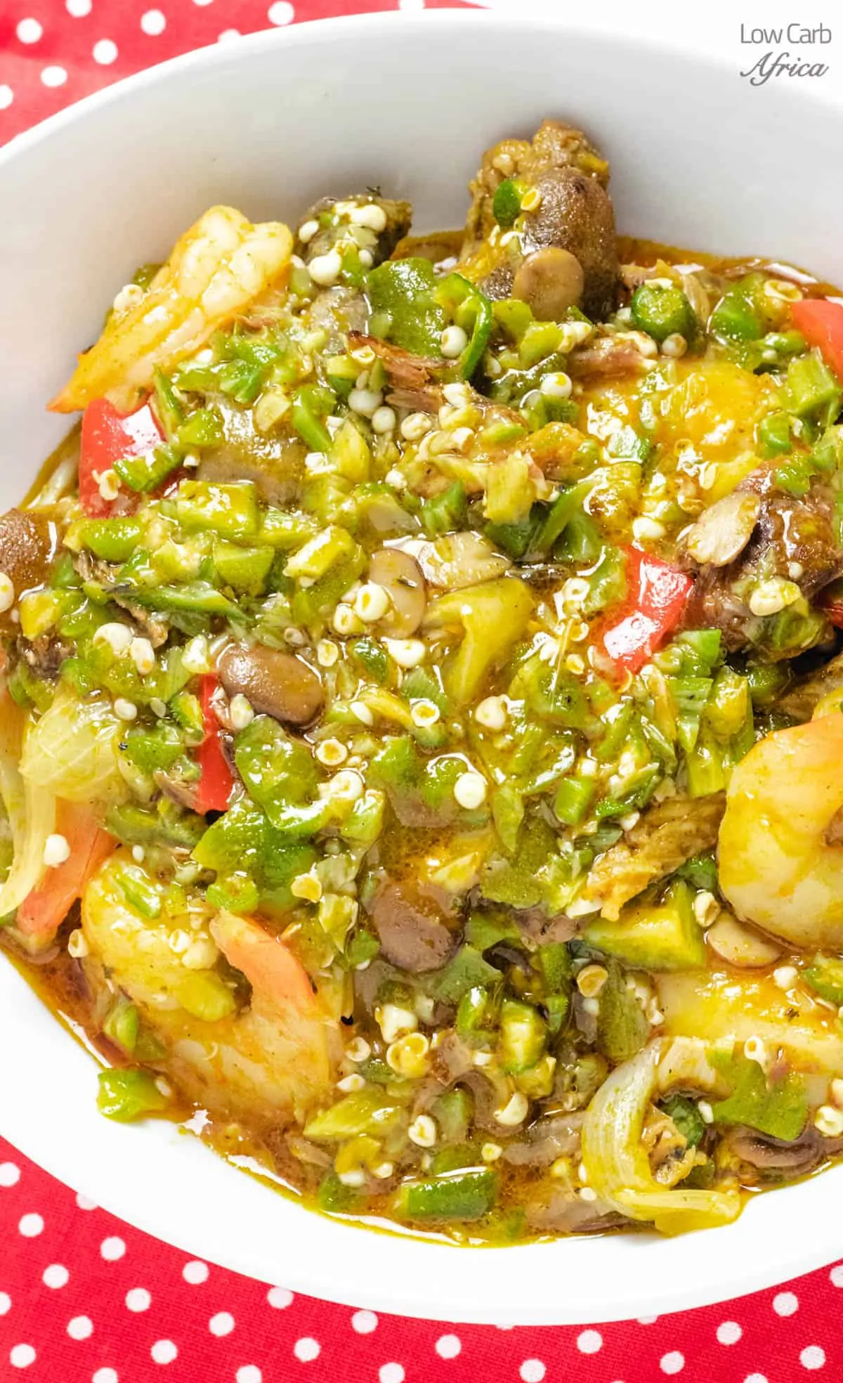 image of okra soup in a white bowl.