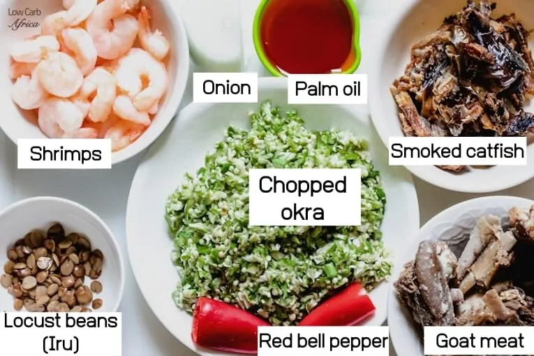 labeled ingredients used in preparing okra soup.