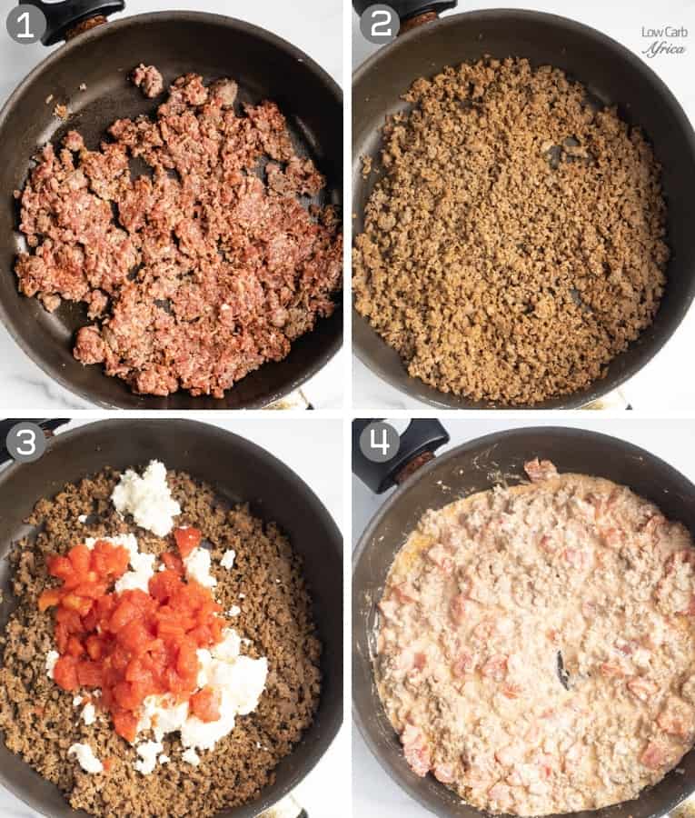 steps showing how to make a keto sausage dip