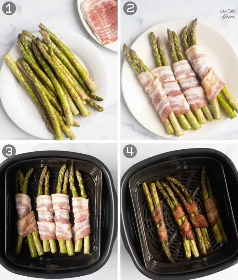 collage showing steps to make bacon asparagus