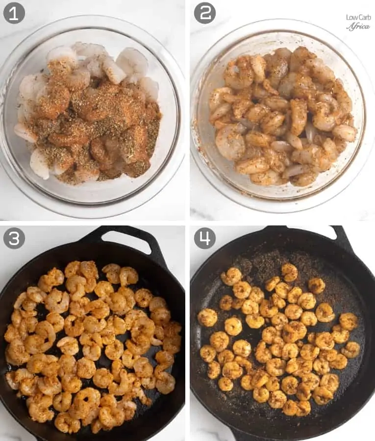 collage showing how to mix shrimps with spices