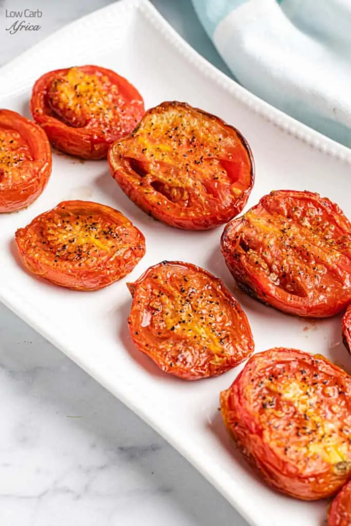 fire roasted tomatoes on a white platter
