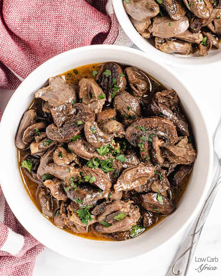 white bowl of chicken hearts ready to serve