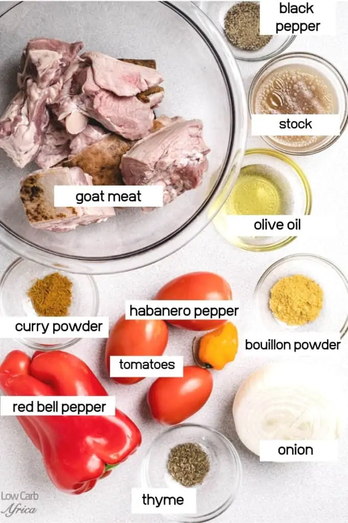 ingredients with goat meat, tomatoes, habanero pepper and spices