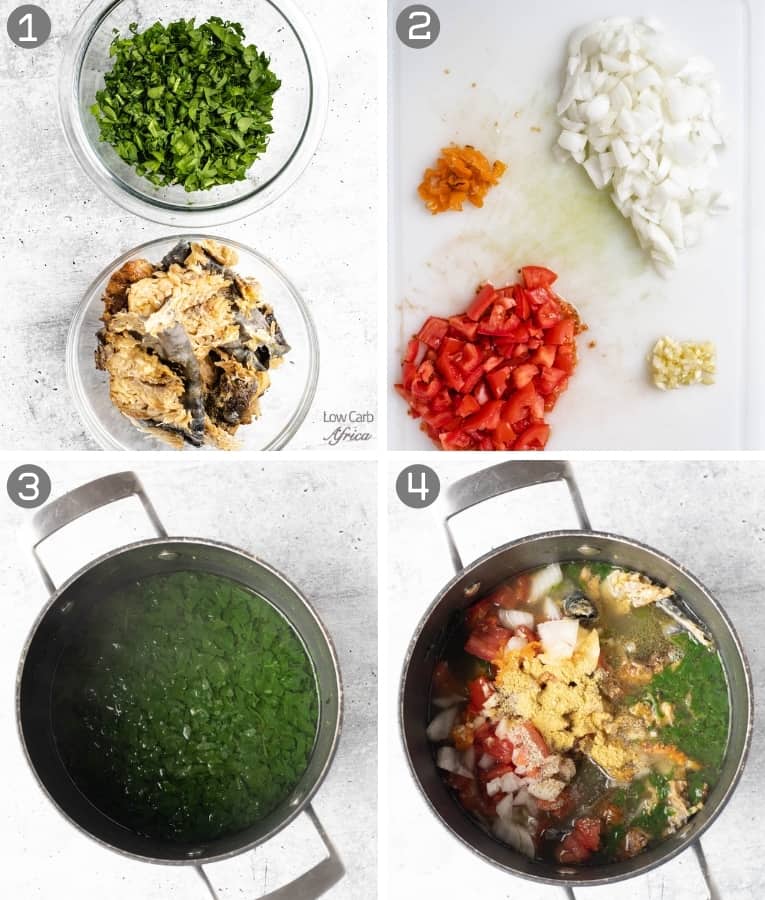 collage showing steps to making congolese spinach stew