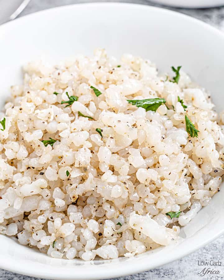 shirataki rice on white bowl
