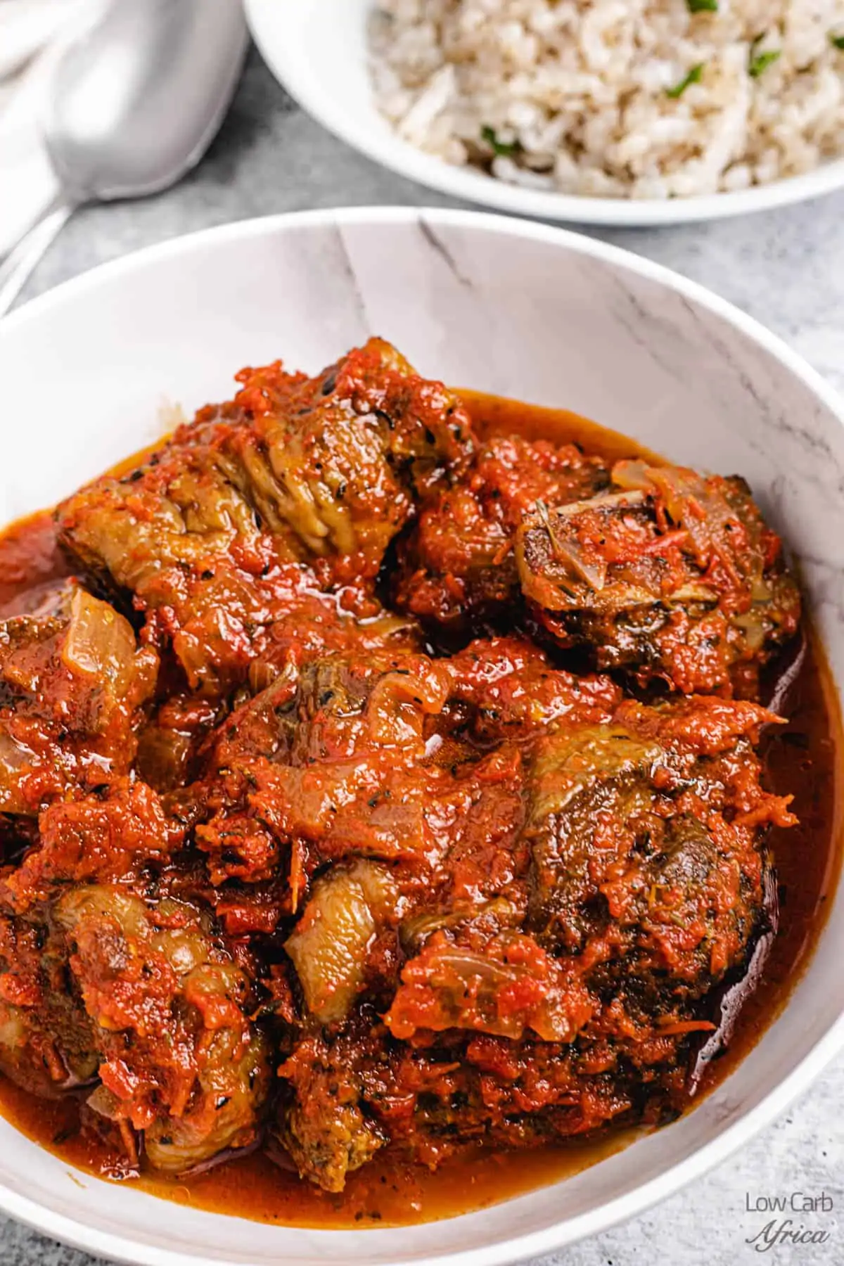 Nigerian Turkey Stew in a white bowl.