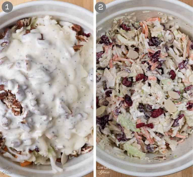 mixing coleslaw with creamy salad dressing