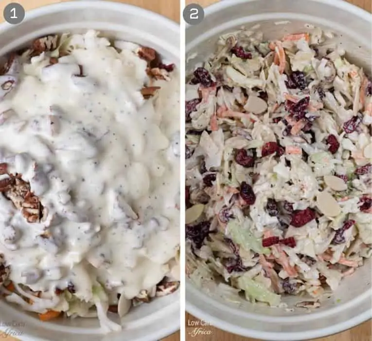 mixing coleslaw with creamy salad dressing.