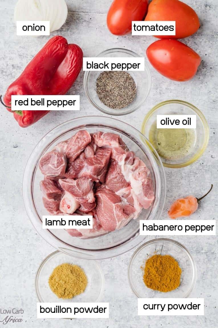 lamb meat, tomatoes, and spices on a concrete background.