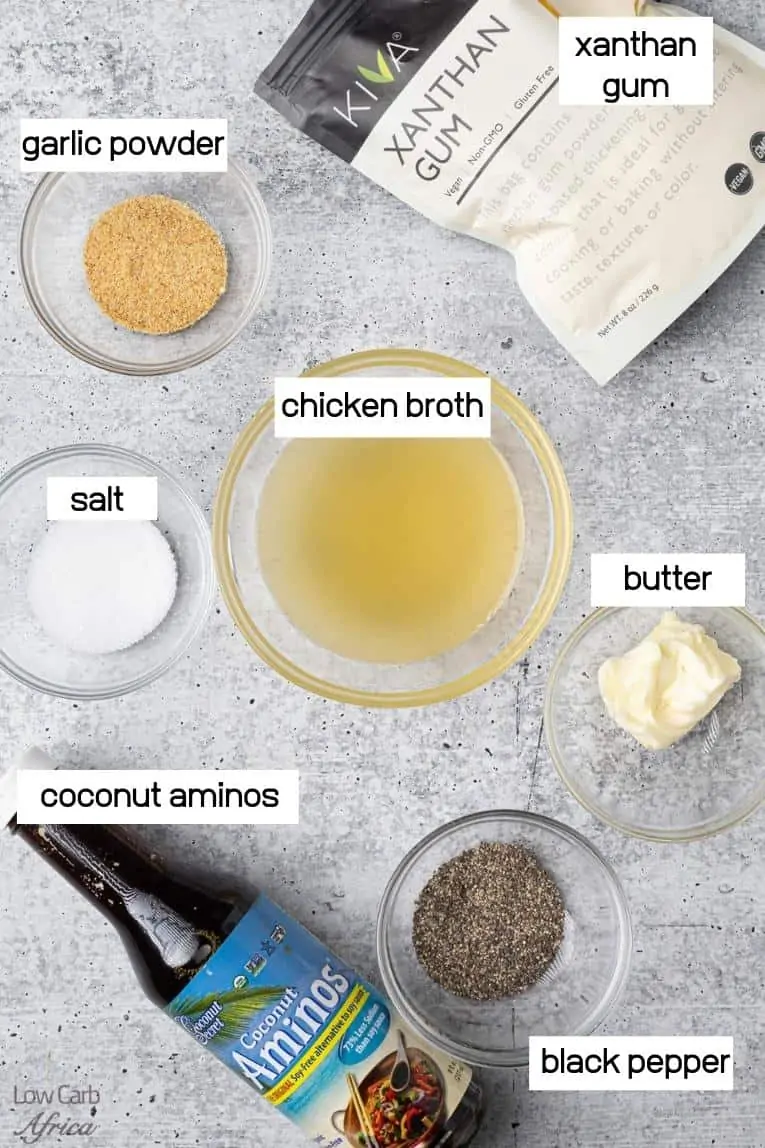 chicken stock, spices, xanthan gum to make keto gravy recipe for thanksgiving.