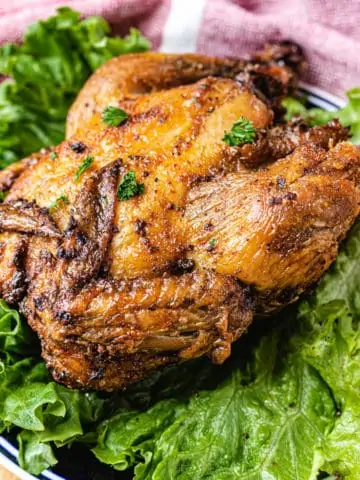 small cornish hen on a bed of lettuce