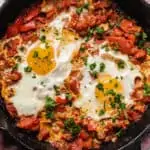 closeup of shakshuka in cast iron pan