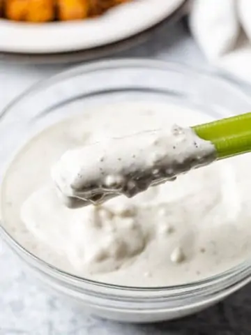 celery dipped in keto blue cheese dressing