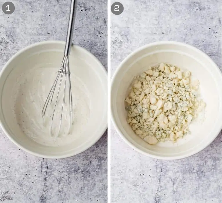 how to make blue cheese dressing in a white bowl.