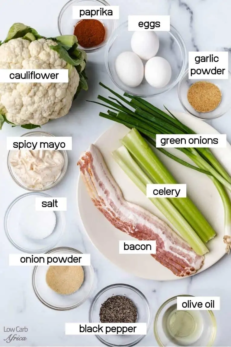 cauliflower, bacon, eggs, spices