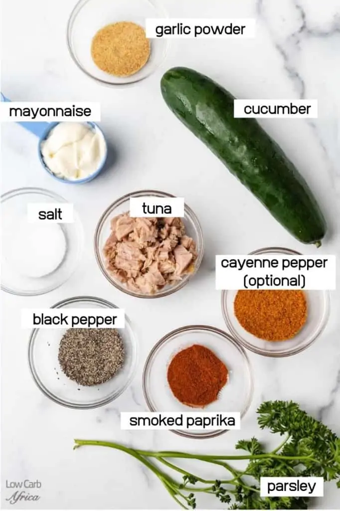 cucumber, spices, and tuna