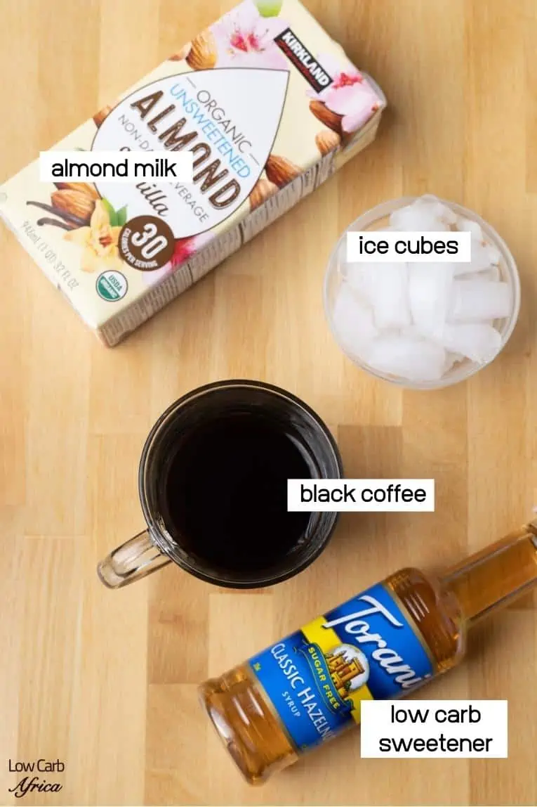 ingredients for keto iced coffee like brewed coffee and, keto sweetener.