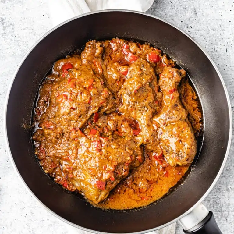 African Chicken Peanut Stew in a skillet