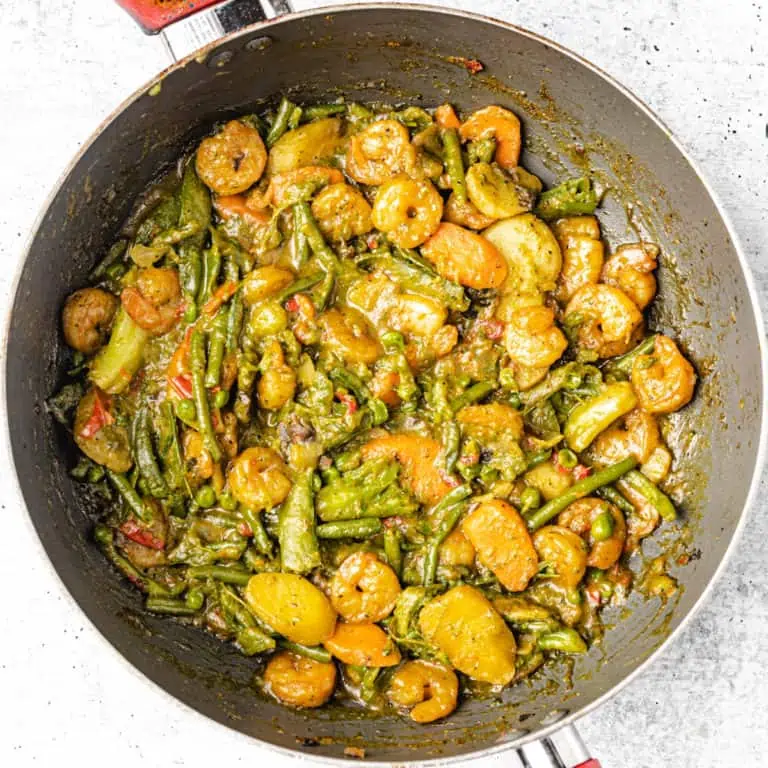 mixed vegetable curry in a skillet