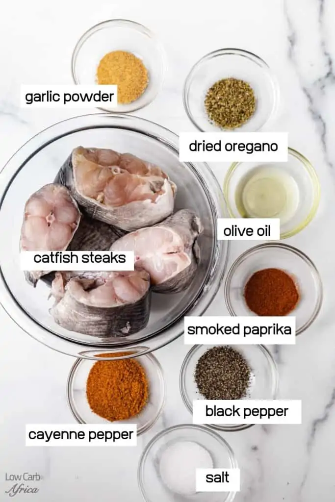 catfish, spices, olive oil