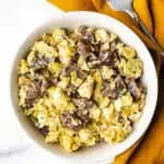 steak and egg scramble served and ready to eat